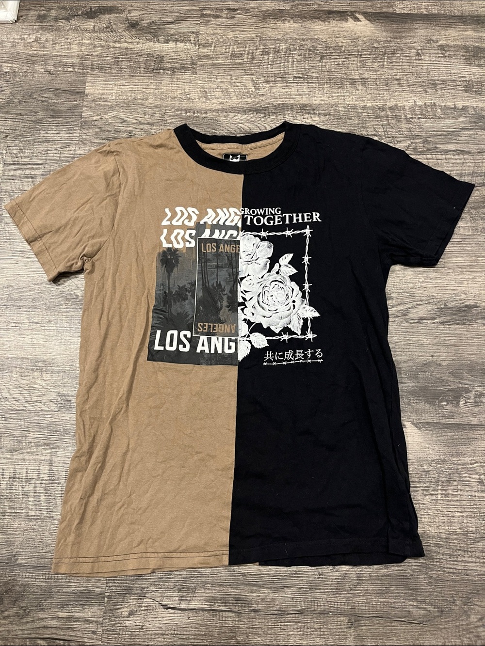 Split-Panel Los Angeles Graphic Tee — Black & Tan